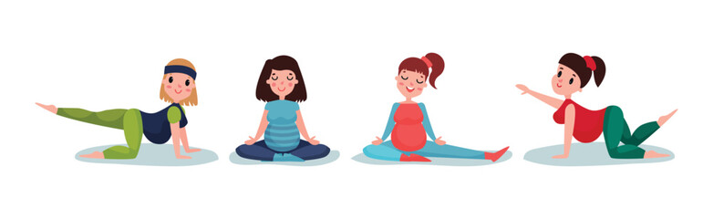 Young Pregnant Woman Doing Different Activity Vector Illustration Set