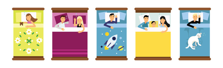 People Sleeping In Different Positions At Home in Their Bed Vector Set