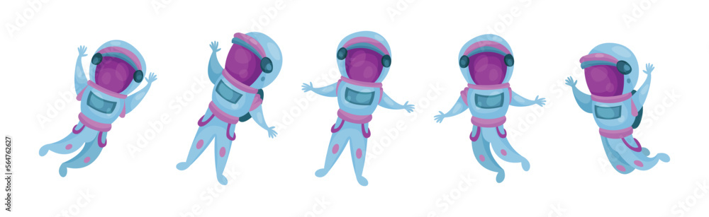 Poster astronaut or cosmonaut in spacesuit floating in outer space vector set