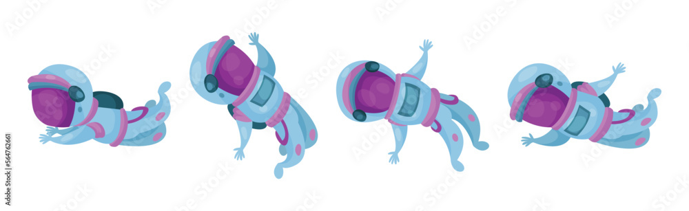Poster astronaut or cosmonaut in spacesuit floating in outer space vector set