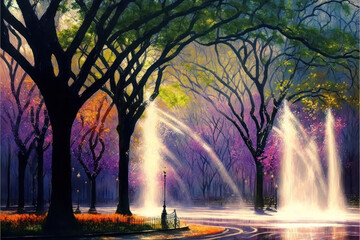 Beautiful Park covered in Water From Gushing Fountain - Illustration 