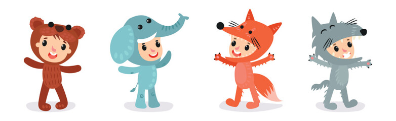 Cute Kid Characters Wearing Animal Costumes Vector Illustration Set