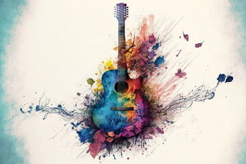 Plakat close-up of guitar in a aquarelle style, ai generated