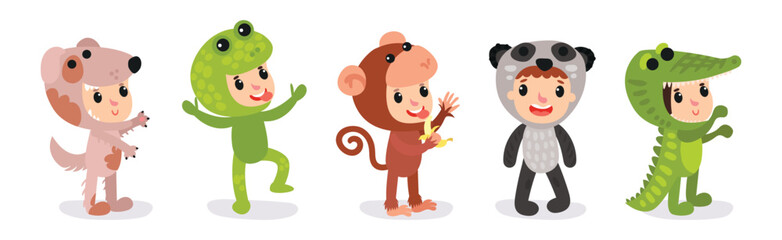 Cute Kid Characters Wearing Animal Costumes Vector Illustration Set
