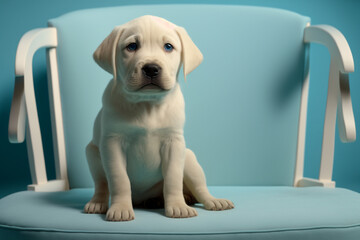 baby labrador puppy sitting on a chair in a blue room made by generative ai