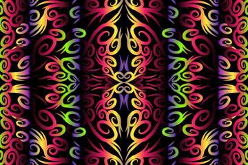 Beautiful colourful gradient flowers line art of traditional abstract symbol batik dayak ornament design template elements
