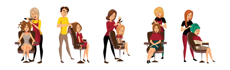 Man and Woman Barber and Hairdresser Cutting and Doing Hair Vector Illustration Set