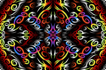 Beautiful colourful gradient flowers line art of traditional abstract symbol batik dayak ornament design template elements
