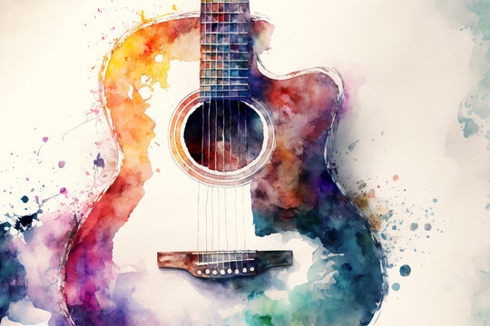 close-up of guitar in a aquarelle style, ai generated