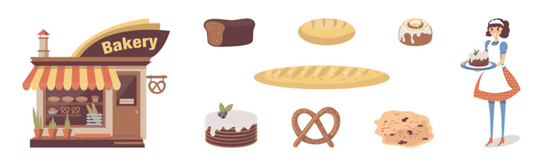 Bakery Shop with Woman Seller and Fresh Baked Pastry Vector Set