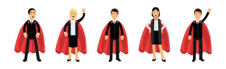 People Business Characters in Formal Suit and Red Capes in Different Poses Vector Illustration Set