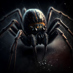 Fototapeta premium Spider. Black super creative spider on a cobweb. Dark background, art, illustration. Poster, print. Generative AI.