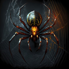 Spider. Black super creative spider on a cobweb. Dark background, art, illustration. Poster, print. Generative AI.