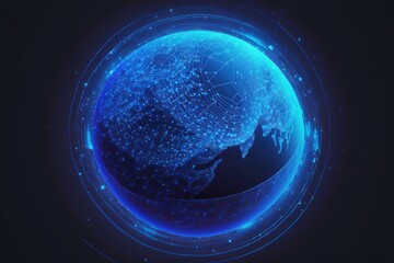 Globe/planet earth in space, abstract representation with glowing lines, resembling networks, technology, traveling data, communication, on a dark background, created with Generative AI technology