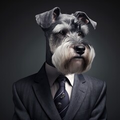 Portrait of a Schnauzer dog dressed in a formal business suit, generative ai	
