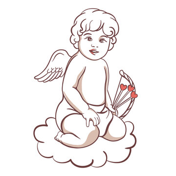 amur cupid angel kid baby with arrows and bow. Valentine's Day Template. Vintage. Card. Clipart. Close-up.