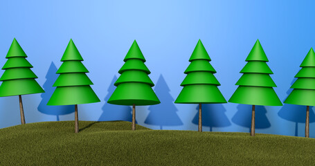 Footage with green fir trees and a bright blue sky with an green grass ground.Banner.