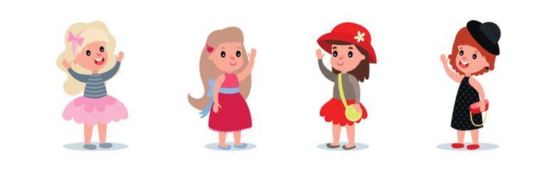 Little Girl Characters Dressed in Fashionable Garment Vector Set