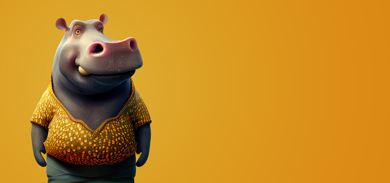 cartoon style hippo with human clothing, generative AI.