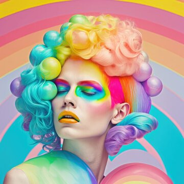 Androgynous, lgbtq rainbow model, expressive mood with big makeup, generative ai