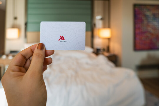 Izmir, Turkey - December 2022: Marriott Hotel Key Card with logo.  Marriott Hotels is Marriott International's brand of full-service hotels and resorts