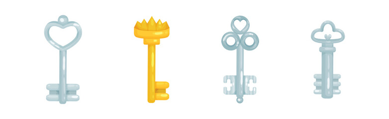 Golden and Silver Key as Device for Closing and Opening Door Vector Set