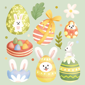 Cute Pastel Easter Rabbit and Egg Floral Individual Element 