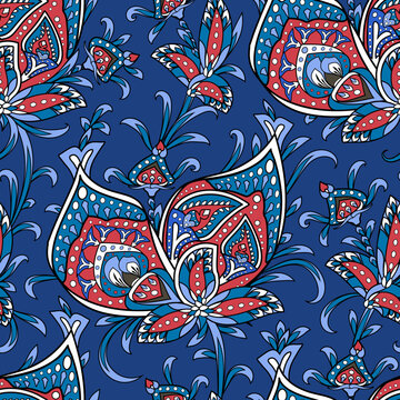 Floral paisley seamless pattern in oriental style. Stylized flower and leaves textile inspired by Turkish or Persian tradition. Mehendi or henna folk ethnic print