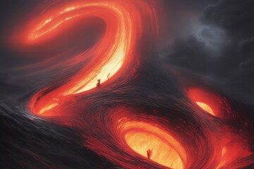 Turbulent blood ocean suck by a black hole made of liquid fire