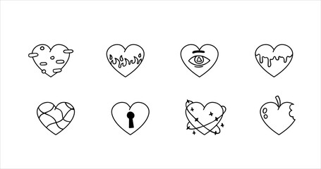 Set of hearts. Collection of retro vintage sticker. Hippie surreal icon of love