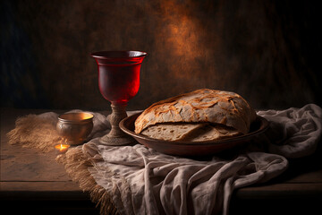 Chalice of wine with a piece of bread on a Lord's Supper table, wine, bread, supper, christ.