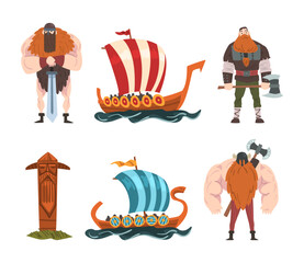 Viking Male Character with Weapons and Drakkar Ship or Boat Vector Set