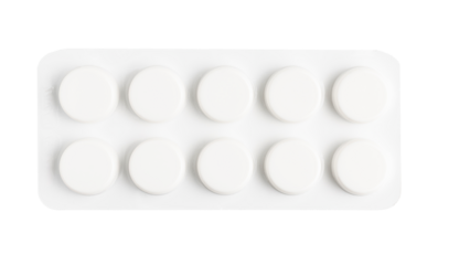 Pills, tablets in a blister pack isolated on transparent background, top view, healthcare and medicine concept