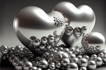 Silver balls, bubbles and hearts  background, Valentine's Day