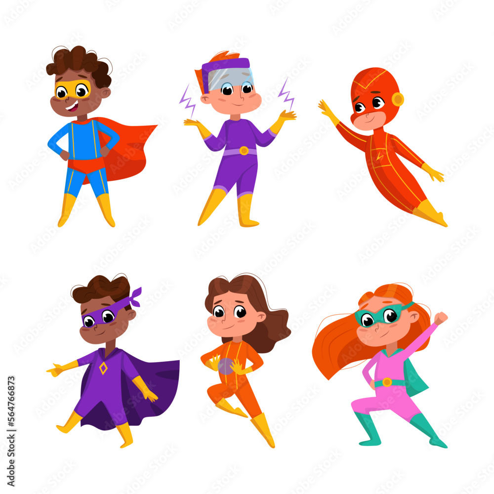 Wall mural Happy Smiling Kids Wearing Colorful Superhero Costumes Vector Set