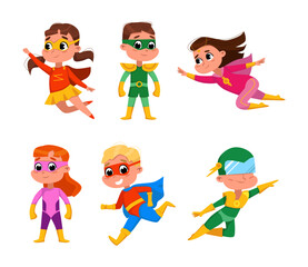 Happy Smiling Kids Wearing Colorful Superhero Costumes Vector Set