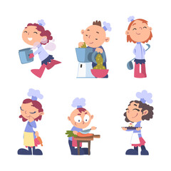 Little Boy and Girl Chef Character in Toque Cooking Food Vector Set