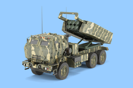 3d render mlrs himars High Mobility Artillery Rocket System land leases for ukraine on blue