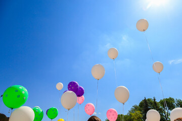Balloons released into the sky on a festive day.
