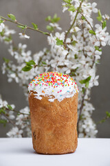 Traditional Easter cake with white meringue decorated with sugar or sweet bread, blooming white cherry branches, Front view. Free copy space.