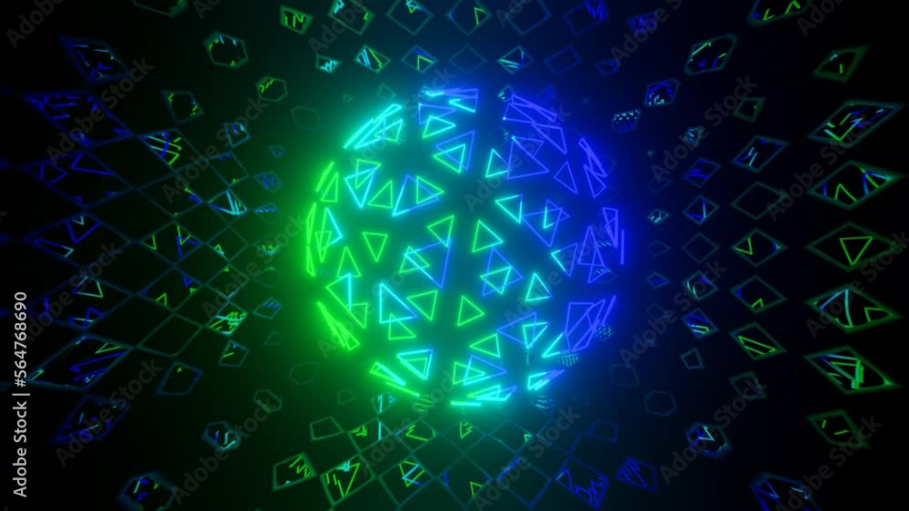 Poster vj loop mirror room with fly neon frame sphere structure. abstract festive bg with bright reflection