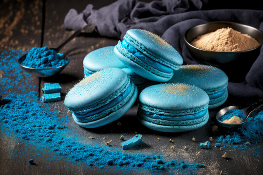 blue round macaron cookies with powdered sugar for dessert