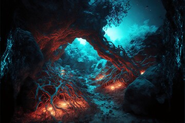 A beautiful endless bioluminescence cavern.