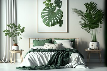 Scandi interior background, white and green room with natural concept and images of monsteras on the wall, model of a home. 