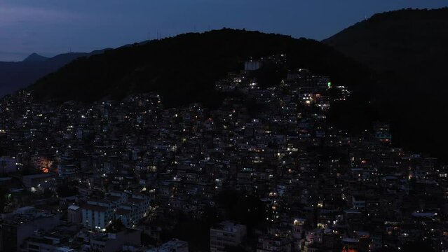 Cantagalo-Pavao-Pavaozinho Favelas at Evening Twilight. Blue Hour. Rio de Janeiro, Brazil. Aerial View. Orbiting