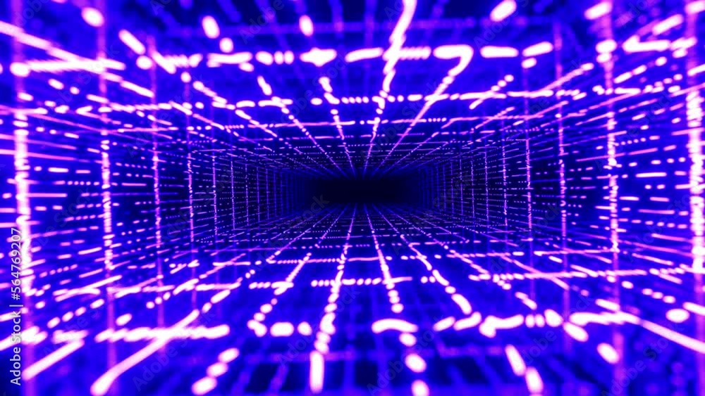 Poster glow lines. move through mirror tunnel with neon pattern, glow structure form sci fi pattern. bright