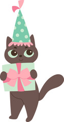 Cute cat with gift flat icon Birthday celebration