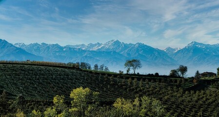 the snowy Monviso overlooks the Piedmontese Langhe in the autumn season, with its vineyards and hills, near Alba