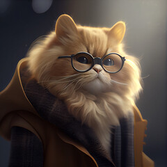 Happy cute baby cat wearing coat, deep portrait, 3d illustration . Pic your favorite cats from profile , pic as wallpaper, poster, t shirt and as you need