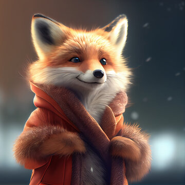 Happy cute baby fox wearing coat, deep portrait, 3d illustration . Pic your favorite animal from profile , pic as wallpaper, poster, t shirt and as you need